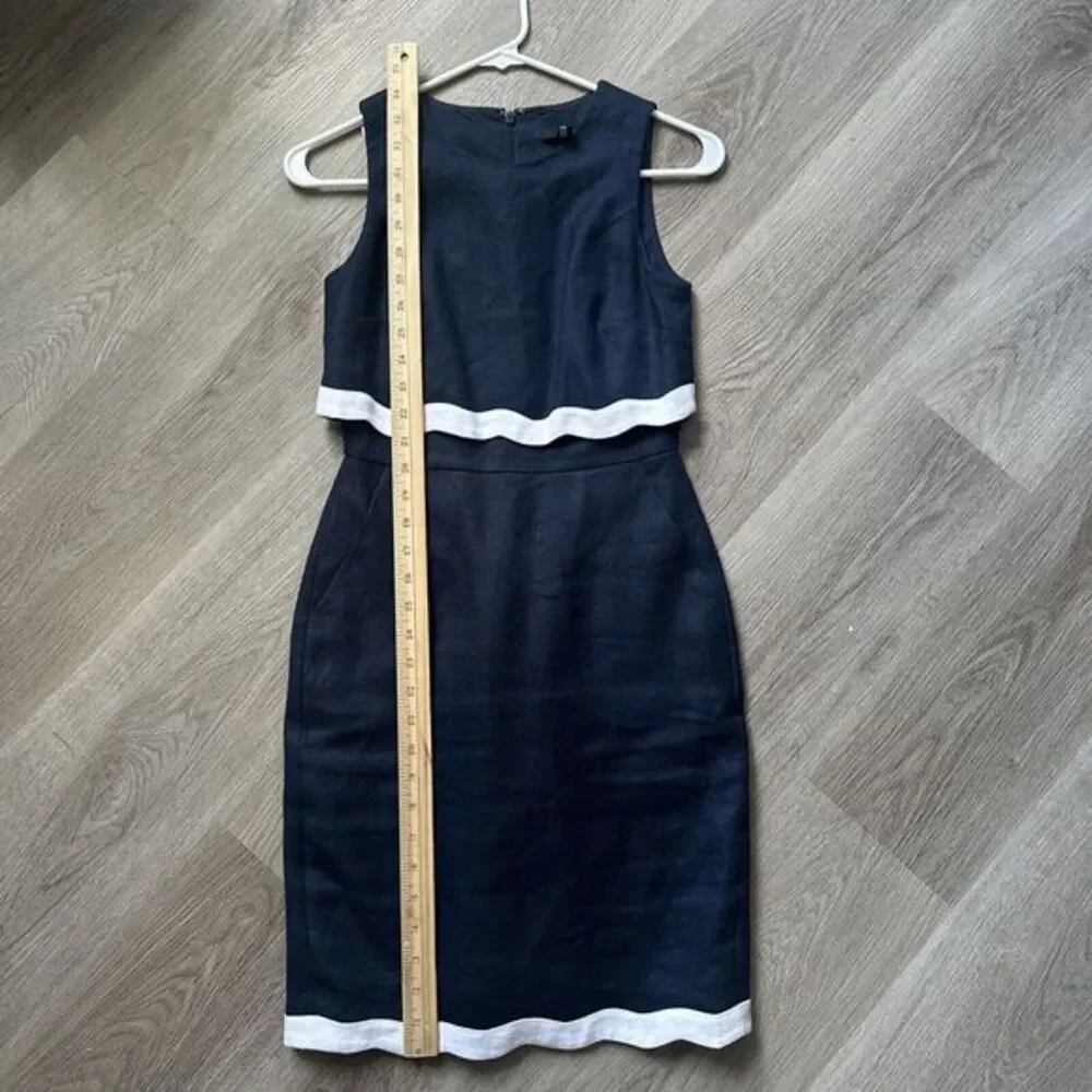 J CREW Going Places Linen Dress Size  00P tall Sleeveless Navy White Scallop Hem